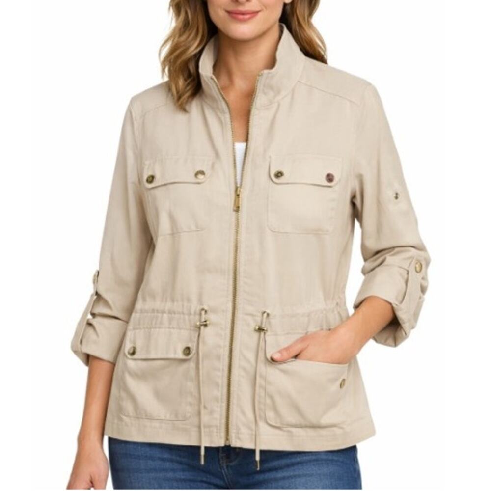 Calvin‎ Klein Jacket Womens L Beige Zip Front Utility Lightweight Pockets Travel